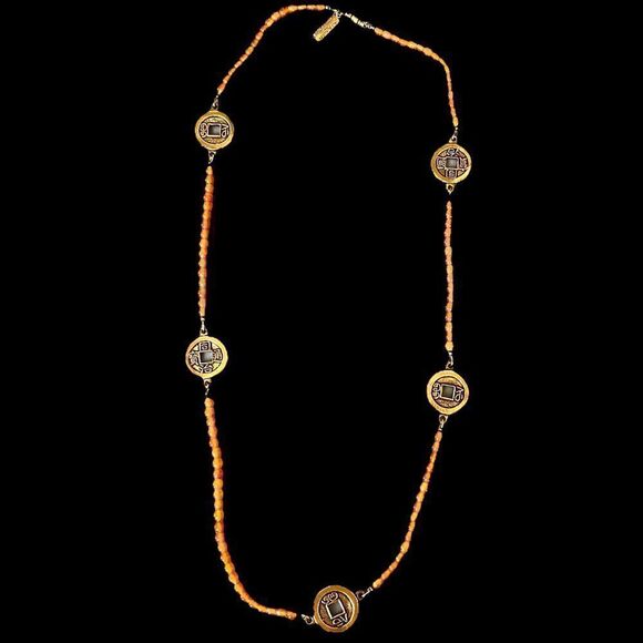 Vintage Anne Klein for Accessocraft Orange and Goldtone Necklace - Picture 1 of 6